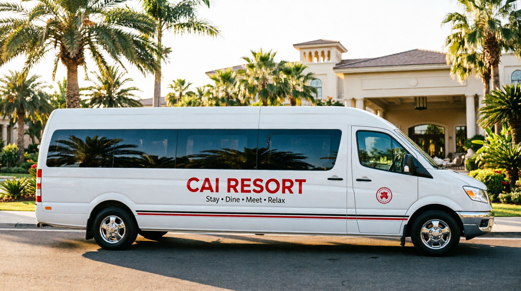 Cai Resorts branded long passenger shuttle van (right-hand drive)